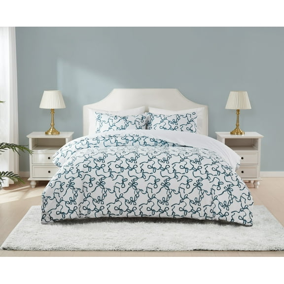 Truly Soft Printed Bow Microfiber 100% Microfiber Polyester  3 Piece Full/Queen Comforter Set in White and Blue, All Season, Adult Size, OEKO-TEX Certified