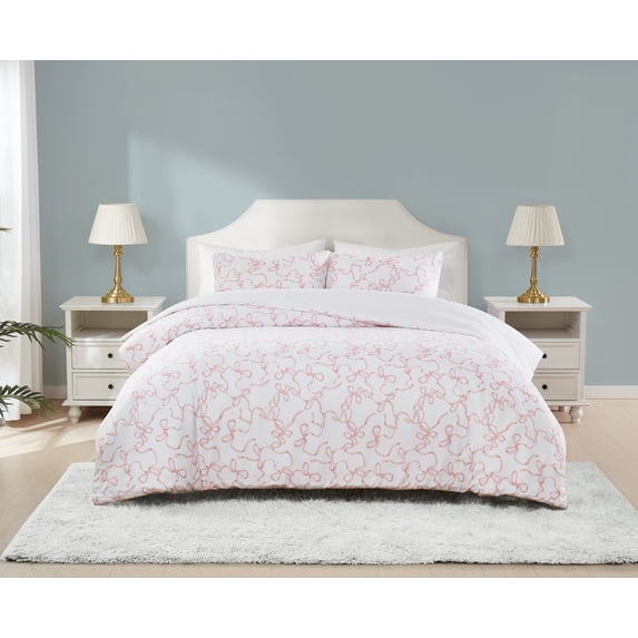 Truly Soft Printed Bow Microfiber 100% Microfiber Polyester 3 Piece Full/Queen Comforter Set in White and Pink, All Season, Adult Size, OEKO-TEX Certified