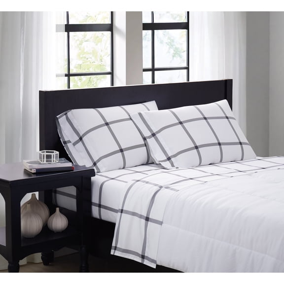 Truly Soft Printed Windowpane 100% Microfiber Polyester Deep Pocket 4 Piece Queen Sheet Set in White and Charcoal Grey, All Season, Adult Size, OEKO-TEX Certified