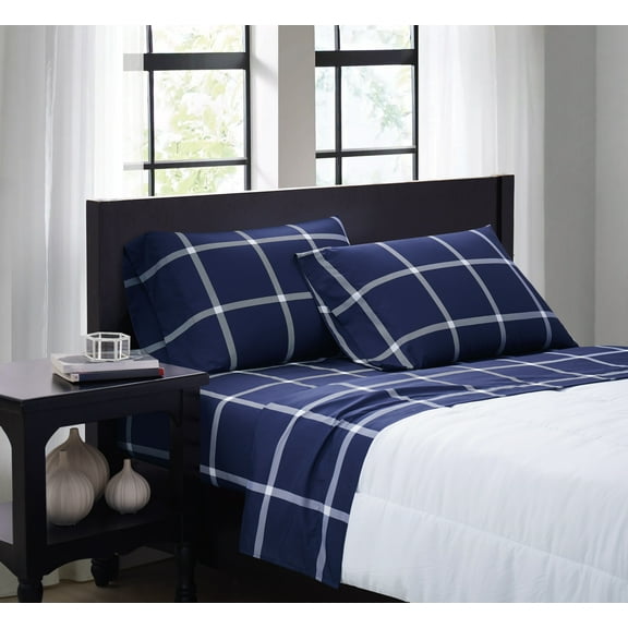 Truly Soft Printed Windowpane White and Navy Polyester 4-Piece Full Sheet Set, geometric themed, for Men and Women, OEKO-TEX Certified Confidence
