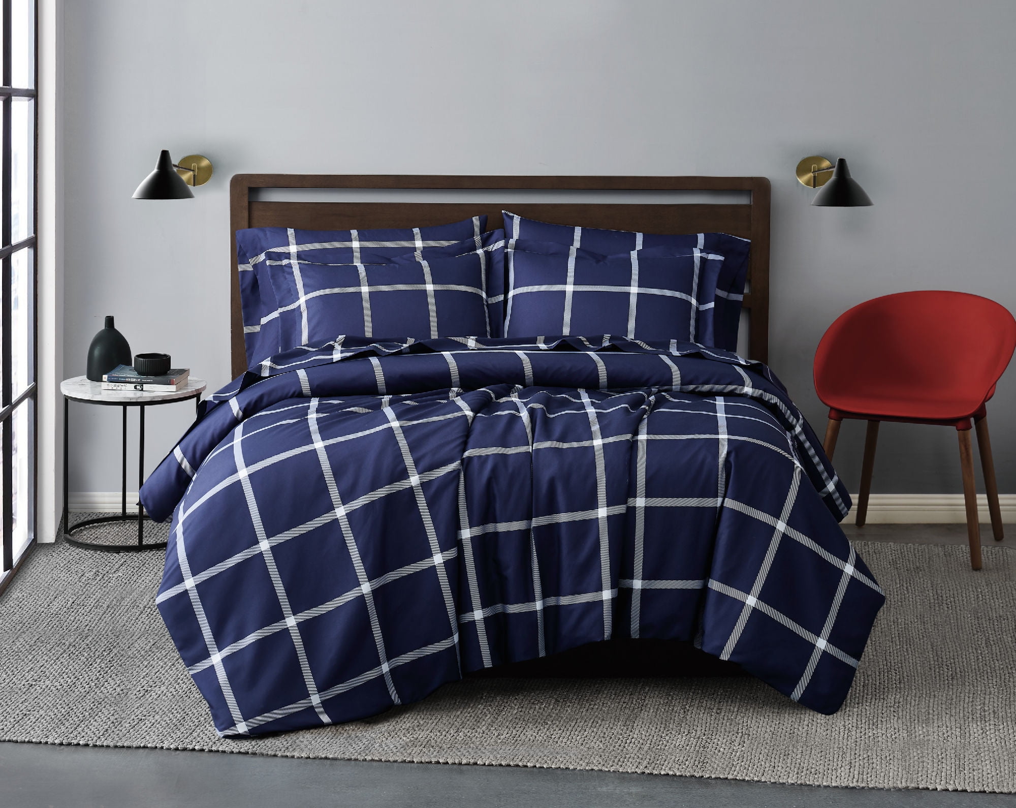 Navy and White Windowpane Microfiber Duvet Cover Set