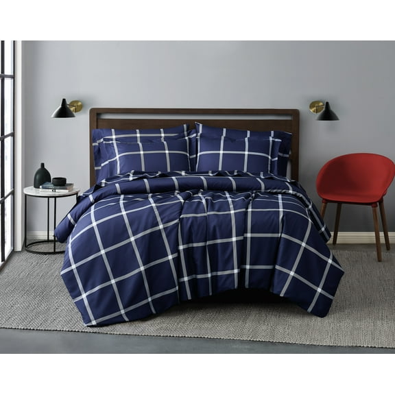 Truly Soft Printed Windowpane 3-Piece King Duvet Set in White and Navy, Polyester , Adult, All Season, OEKO-TEX Certified