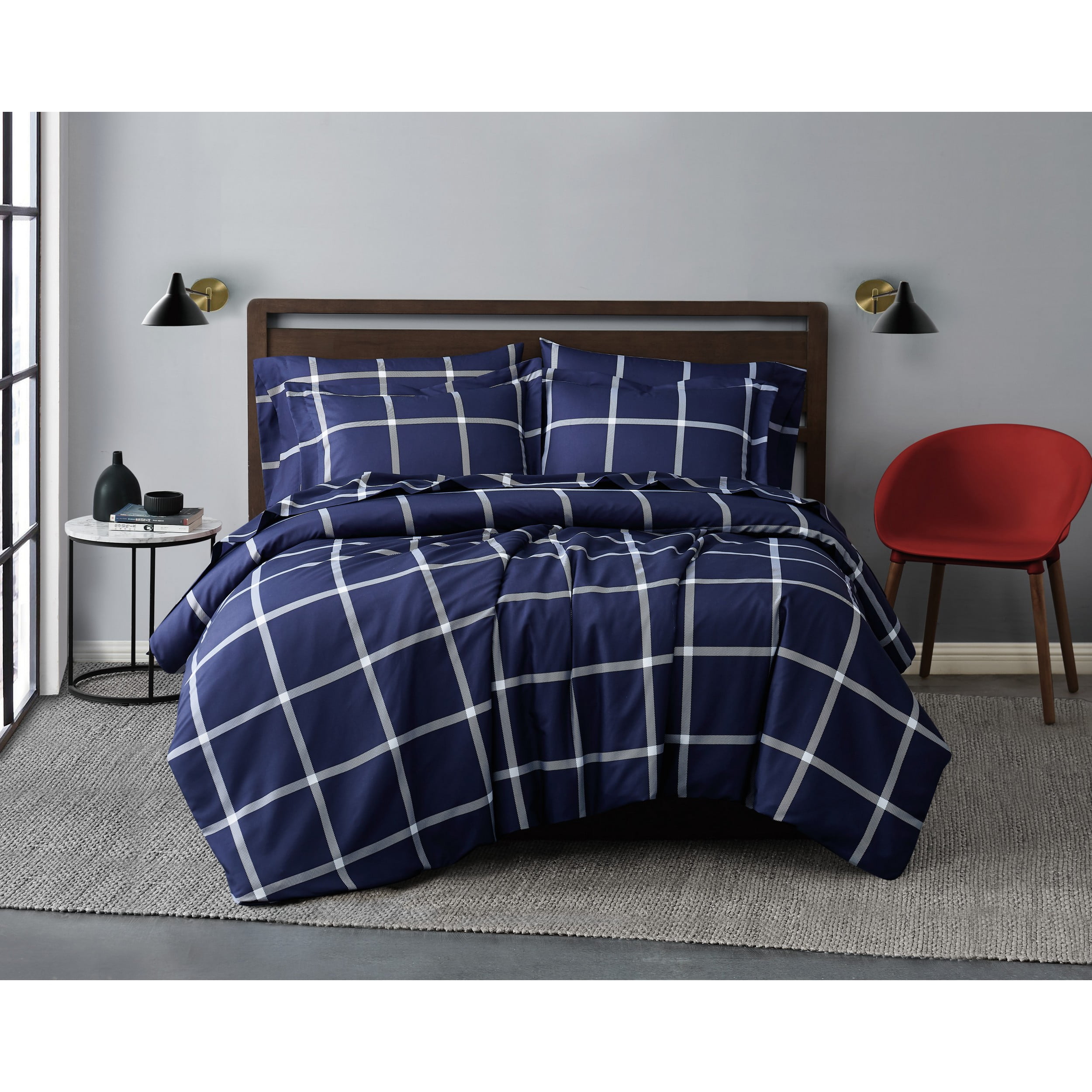 Truly Soft Printed Windowpane Navy and White Twin XL 2 Piece Comforter Set Walmart