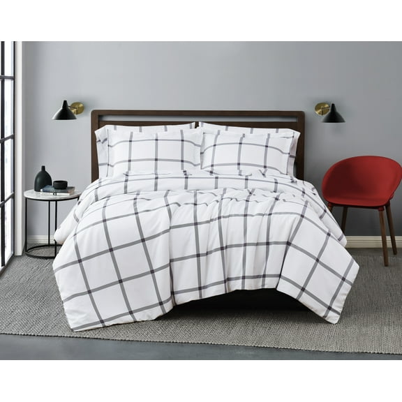Truly Soft Printed Windowpane 3-Piece Full/Queen Duvet Set in White and Charcoal Grey, Polyester , Adult, All Season, OEKO-TEX Certified