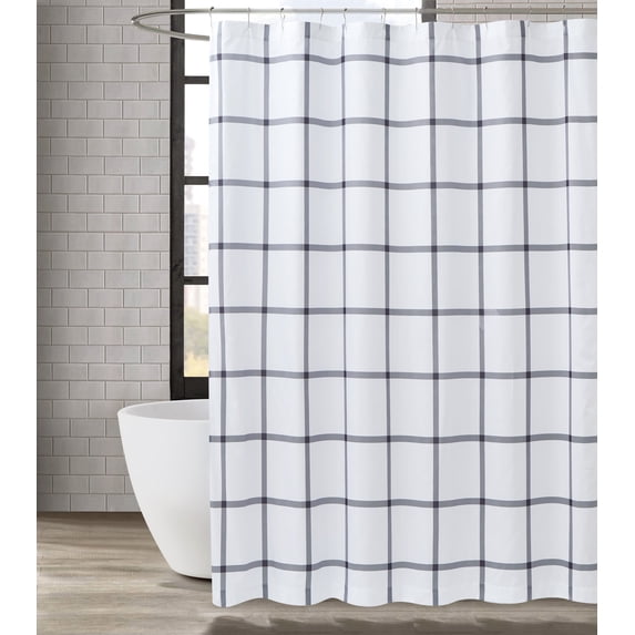 Truly Soft Printed Windowpane 100% Microfiber Polyester Standard 72x72 Inch Shower Curtain in White and Charcoal Grey, All Season, Adult Size, OEKO-TEX Certified