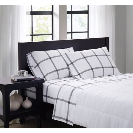 TRULY SOFT Printed Windowpane White and Charcoal Grey Polyester 4-Piece King Sheet Set, Geometric Themed, for Men and Women, Oeko-TEX Certified Confidence