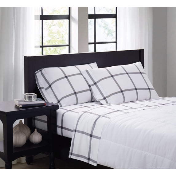 TRULY SOFT Printed Windowpane White and Charcoal Grey Polyester 4-Piece King Sheet Set, Geometric Themed, for Men and Women, Oeko-TEX Certified Confidence