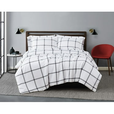 Truly Soft Printed Windowpane White and Charcoal Grey Twin XL 2-Piece Comforter Set
