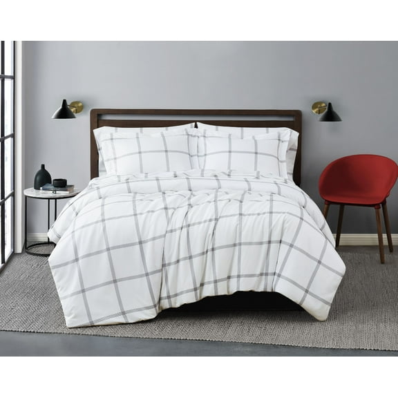 Truly Soft Printed Windowpane White and Grey Full and Queen 3-Piece Duvet Cover Set