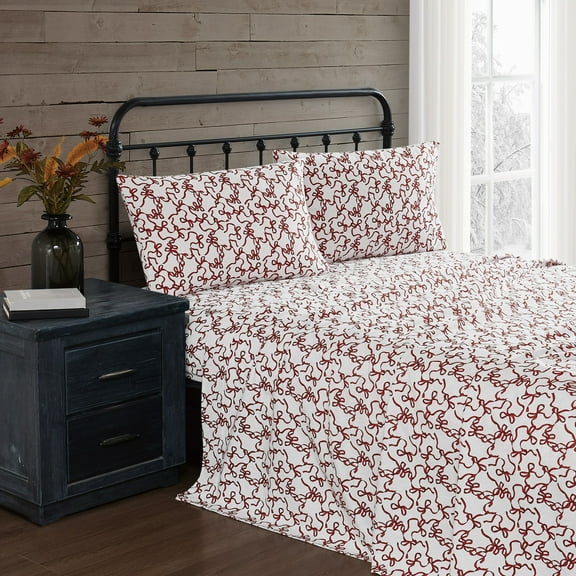 Truly Soft Ribbon and Bows Cotton Flannel 4-Piece Full Sheet Set in White and Red, Cotton , Adult, All Season, OEKO-TEX Certified