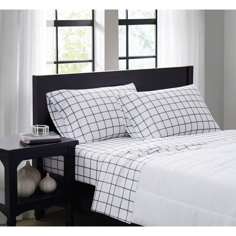 Truly Soft Tattersall White and Charcoal Grey Queen Sheet Set