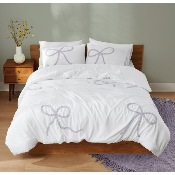 Truly Soft Textured Bow-Embroidered White and Lavender 2-Piece Twin/Twin XL Comforter Set, OEKO-TEX Certified