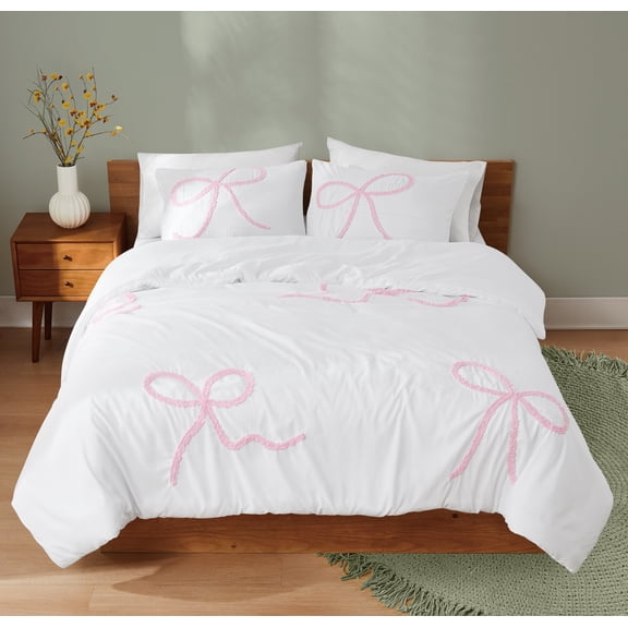 Truly Soft Textured Bow-Embroidered White and Pink 3-Piece Full/Queen Comforter Set, OEKO-TEX Certified