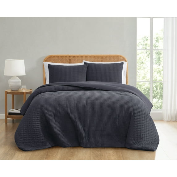 Truly Soft Textured Waffle Charcoal Grey Polyester 3-Piece Full/Queen Comforter Set, solid themed, for Men and Women, OEKO-TEX Certified Confidence