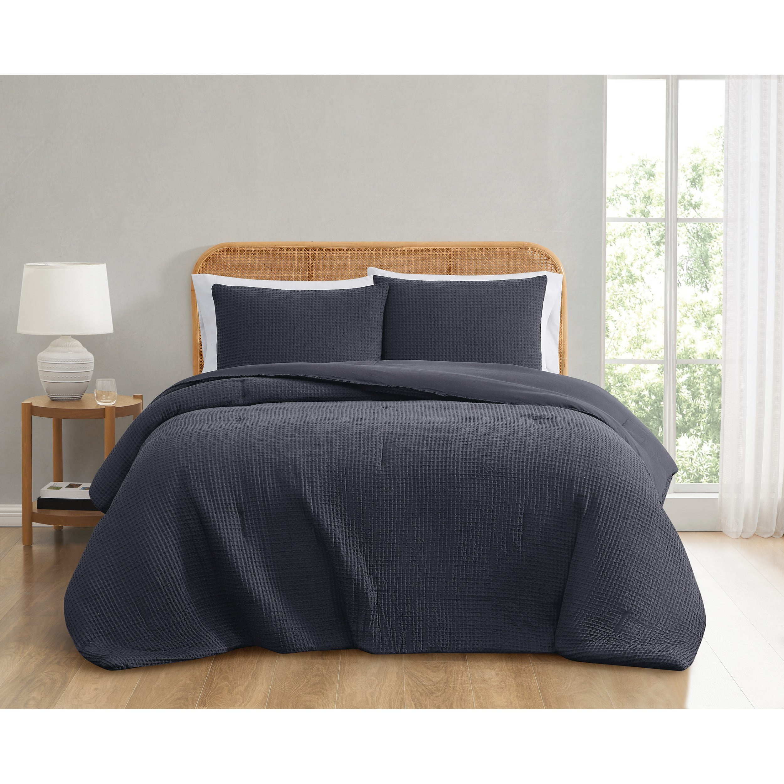 Truly Soft Textured Waffle Charcoal Grey Polyester 2 Piece Twin Comforter Set solid themed Adult and Teen Walmart