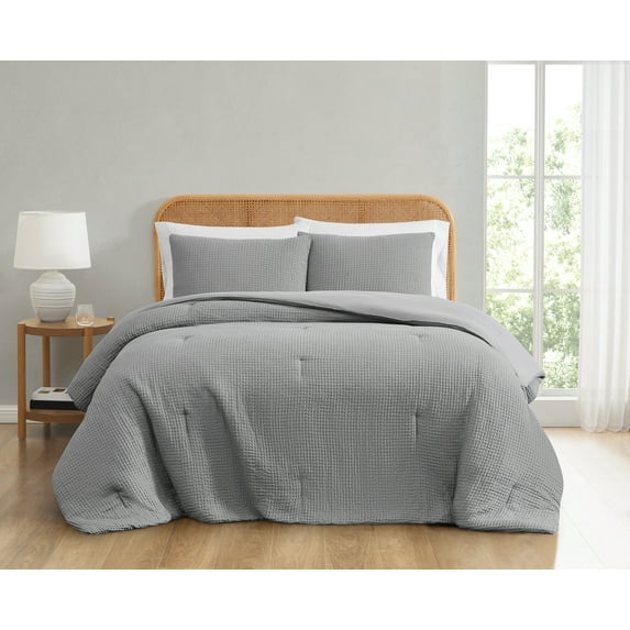 Truly Soft Textured Waffle Grey Polyester 3-Piece Full/Queen Comforter Set, solid themed, for Men and Women, OEKO-TEX Certified Confidence
