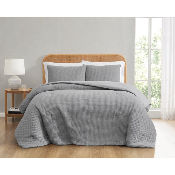 Truly Soft Textured Waffle Grey Polyester 3-Piece King Comforter Set, solid themed, for Men and Women, OEKO-TEX Certified Confidence