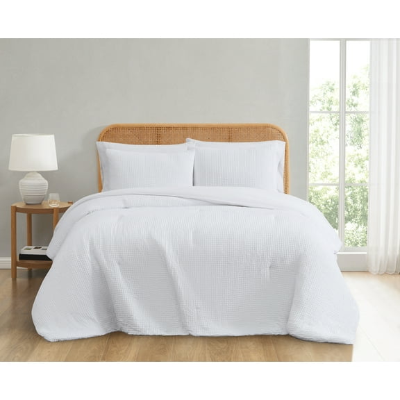 Truly Soft Textured Waffle Weave 100% Microfiber Polyester  3 Piece Full/Queen Comforter Set in White, All Season, Adult Size, OEKO-TEX Certified