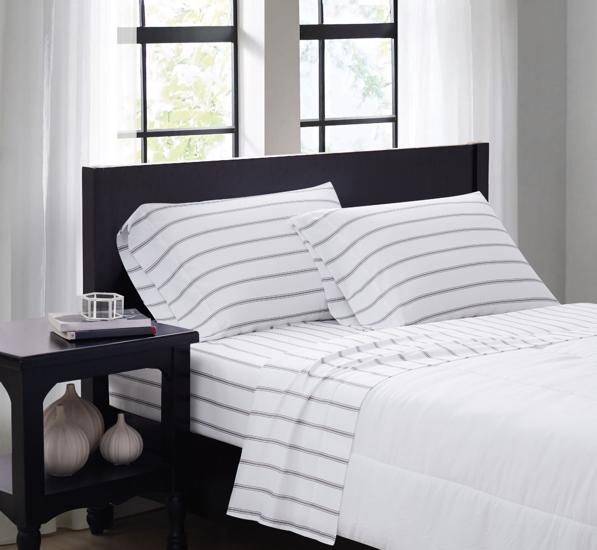 White and Grey Ticking Stripe Full Microfiber Sheet Set