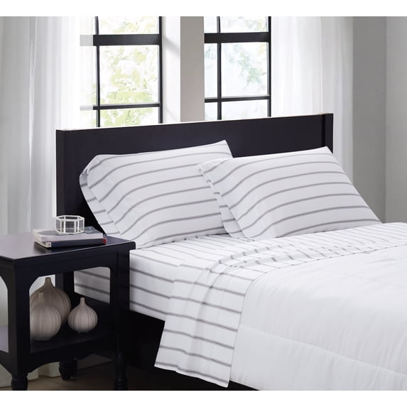 Truly Soft Ticking Stripe White and Grey Polyester 3-Piece Twin Sheet Set, stripe themed, for Men and Women, OEKO-TEX Certified Confidence