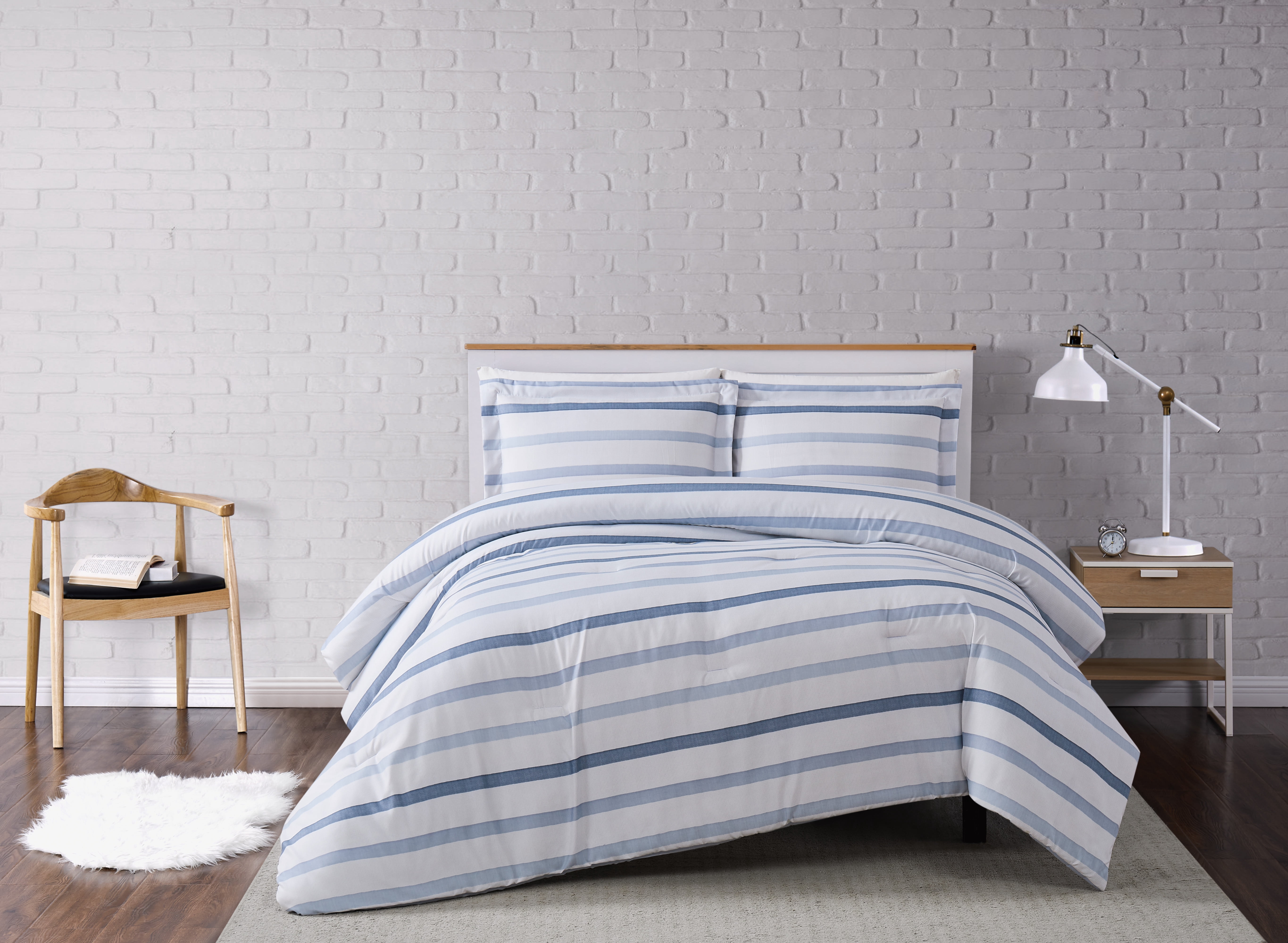 Truly Soft Waffle Stripe White and Blue Polyester 3-Piece Full/Queen Comforter Set, stripe themed, for Men and Women, OEKO-TEX Certified Confidence