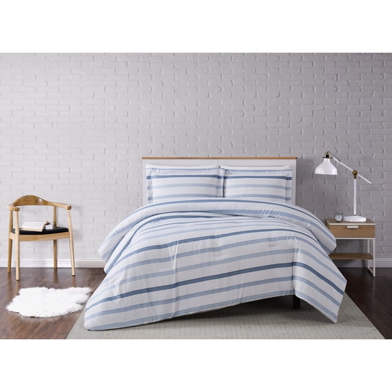 Truly Soft Waffle Stripe White and Blue Polyester 3-Piece Full/Queen Comforter Set, stripe themed, for Men and Women, OEKO-TEX Certified Confidence