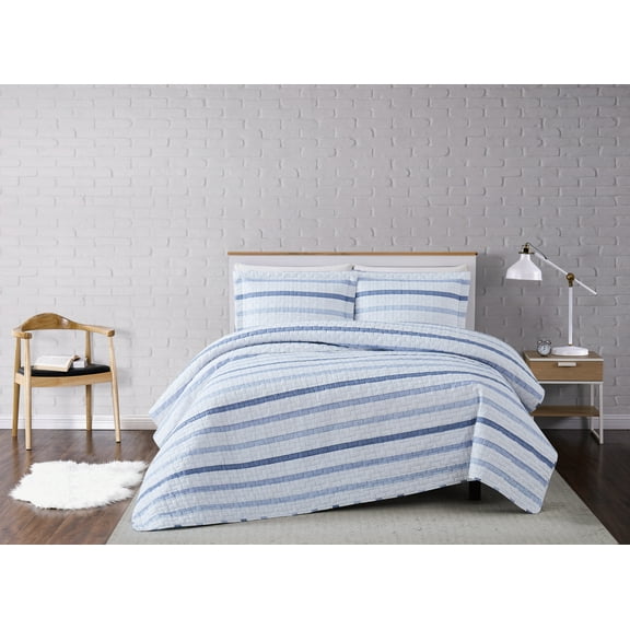 Truly Soft Waffle Stripe White and Blue Polyester 3-Piece Full/Queen Quilt Set, stripe themed, for Men and Women, OEKO-TEX Certified Confidence
