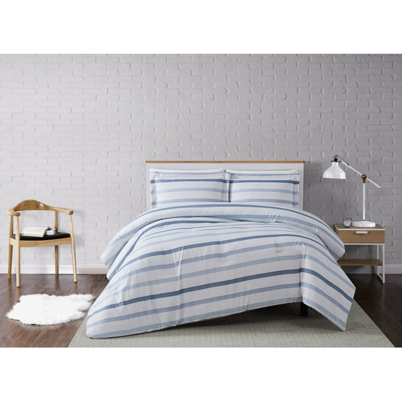 Truly Soft Waffle Stripe White and Blue Polyester 2-Piece Twin XL Comforter Set, stripe themed, for Men and Women, OEKO-TEX Certified Confidence