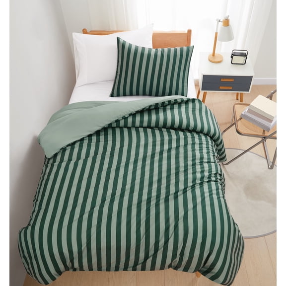 Truly Soft Weston Stripe Microfiber 100% Microfiber Polyester 2 Piece Twin Comforter Set in Green, All Season, Adult Size, OEKO-TEX Certified