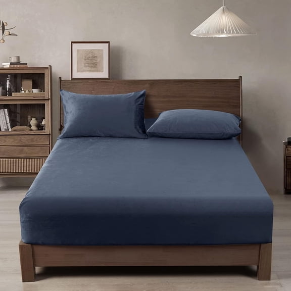 Truly Velvet Fitted Sheet King Size, 1 Pack Luxury Super Soft Cozy Comfy Flannel Bed Sheets with 15'' Deep Pocket, Suitable for Fall Winter and Spring, No Pillowcases, Blue Greyish