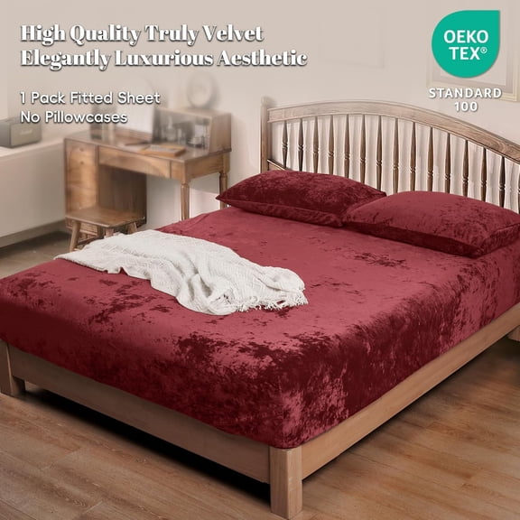 Truly Velvet Fitted Sheet Only King Size, Christmas Luxury Super Soft Cozy Fuzzy Fleece Bottom Sheet, Deep Pocket Up to 16", Suitable for Fall Winter Spring, No Pillowcases,Wine Red