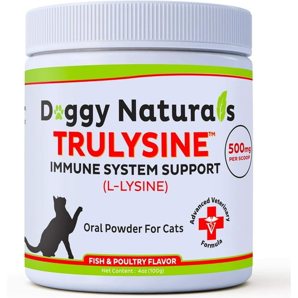 Trulysine L-Lysine for Cats Immune Support Oral Powder 4oz/100g - Cats & Kittens of All Age, Sneezing, Runny Nose Squinting, Watery Eyes - Fish & Poultry Flavor (U.S.A)(100 Grams ( 500mg / Scoop))