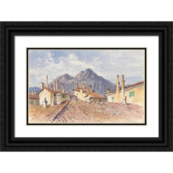Truman Seymour 18x13 Black Ornate Wood Framed Double Matted Museum Art Print Titled - Housetops And Mountains (1884)