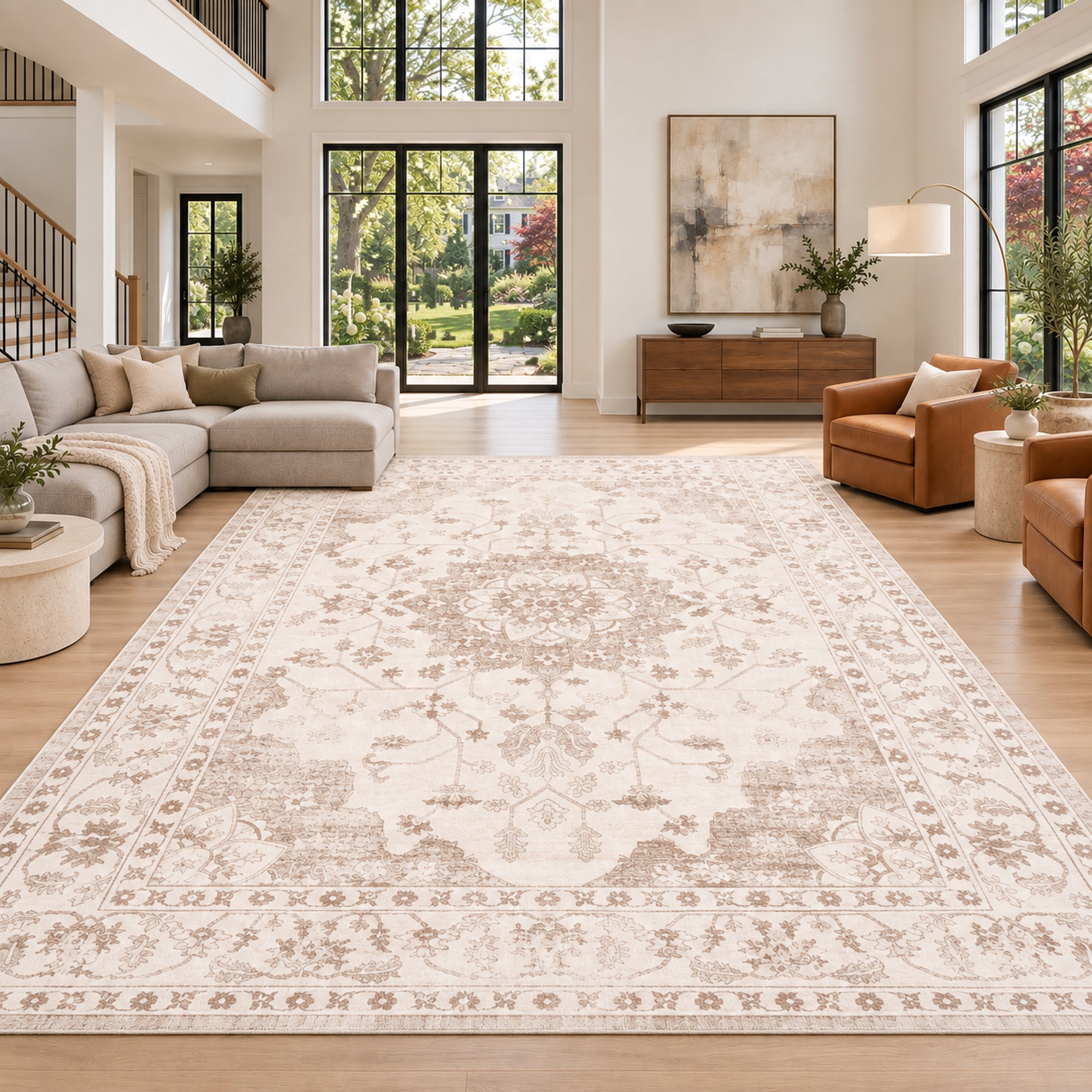TrumanPick 10x14 Washable Rug, Vintage Distressed Medallion Rugs with Non-Slip & Stain Resistant, Large Beige Area Rug for Living Room Bedroom Dining Room