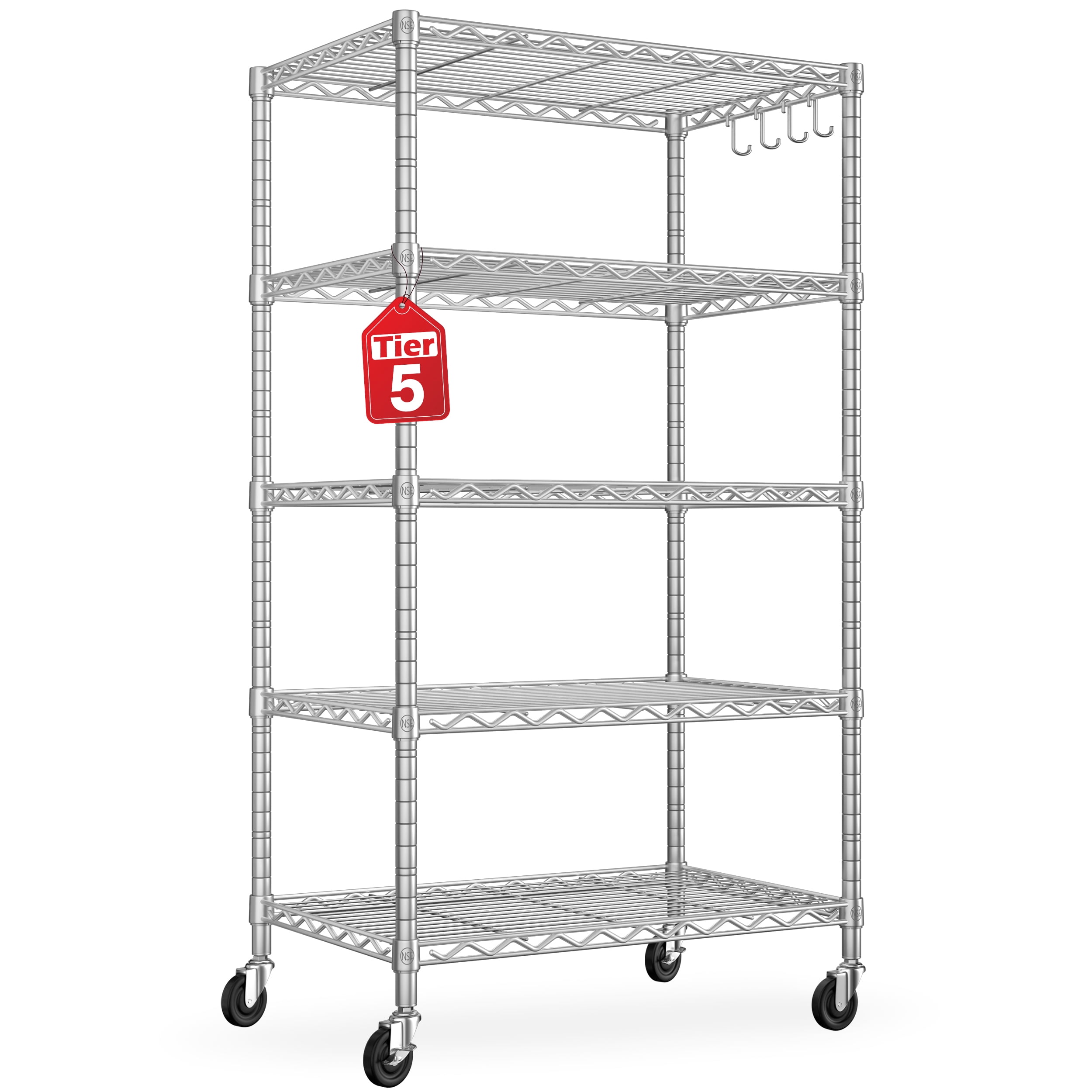 TrumanPick 1250lbs Garage Shelving 5 Tier Storage Shelves, 24"W x 18"D x 72"H Wire Shelving with Wheels Adjustable Heavy Duty Metal Wire Rack Standing Shelf Unit for Kitchen Pantry, Chrome
