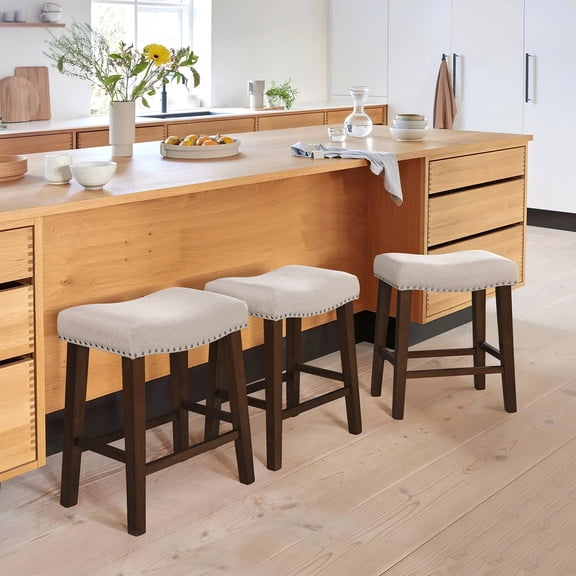 TrumanPick 24" Bar Stools Set of 3 Counter Height Stools Modern Kitchen Island Saddle Barstools Fabric Chairs with Footrest, Beige