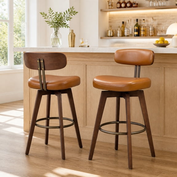 TrumanPick 26" Swivel Bar Stools Set of 2, Brown Faux Leather Counter Height Swivel Barstool with Back & Solid Rubberwood Legs, Counter Stools for Kitchen Island Pub