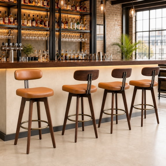 TrumanPick 26" Swivel Bar Stools Set of 4, Brown Faux Leather Counter Height Swivel Barstool with Back & Solid Rubberwood Legs, Counter Stools for Kitchen Island Pub