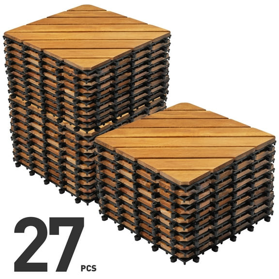 TrumanPick 27pcs Interlocking Wood Flooring Acacia Deck Tiles, 12"L x 12"W, Brown Diagonal