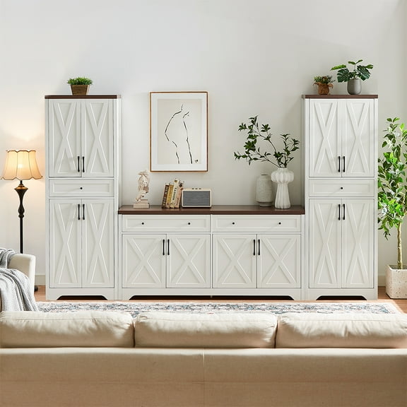 TrumanPick 3-Piece Sideboard Buffet Cabinet and Kitchen Storage Pantry TV cabinet Set, White/Walnut