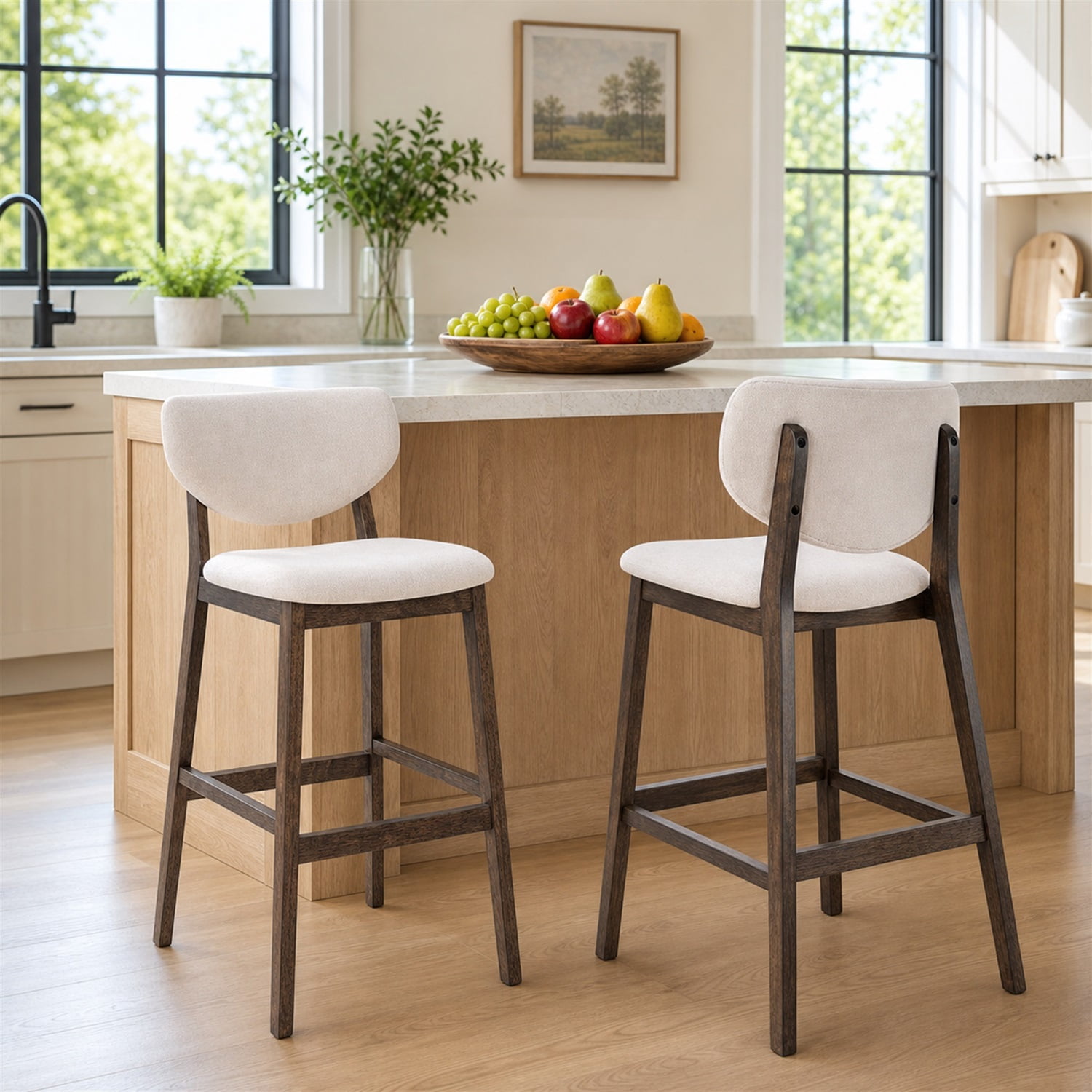 TrumanPick 30" Counter Height Bar Stools Set of 2, Modern Linen Upholstered Barstools with Back & Wood Legs, Farmhouse Kitchen Island Chairs for Dining Room Bar, Beige