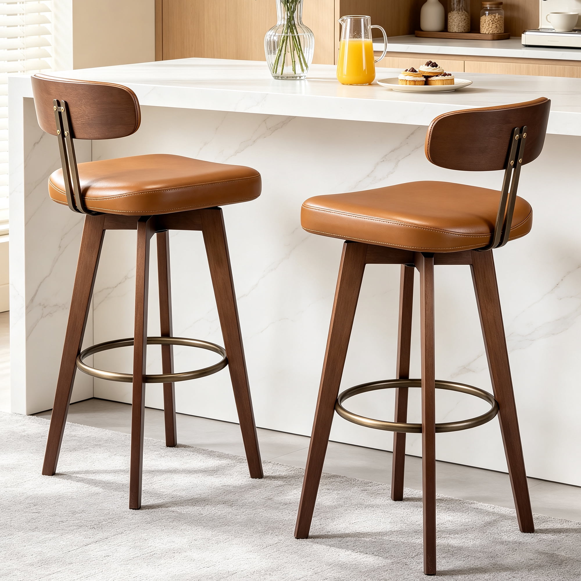 TrumanPick 30" Swivel Bar Stools Set of 2, Brown Faux Leather Counter Height Swivel Barstool with Back & Solid Rubberwood Legs, Counter Stools for Kitchen Island Pub
