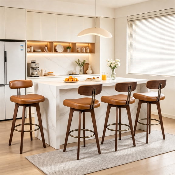 TrumanPick 30" Swivel Bar Stools Set of 4, Brown Faux Leather Counter Height Swivel Barstool with Back & Solid Rubberwood Legs, Counter Stools for Kitchen Island Pub