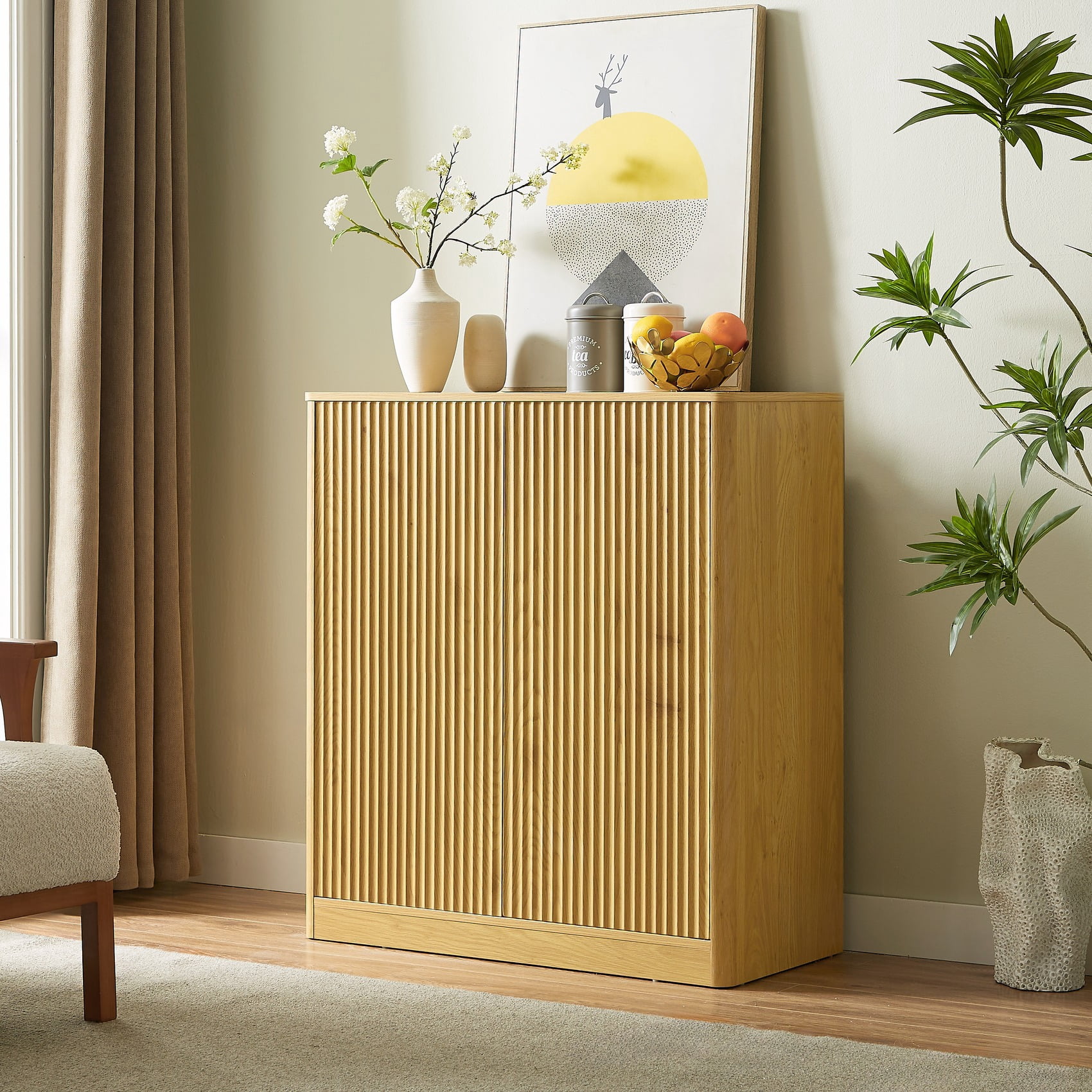 TrumanPick 31.5'' Sideboard Buffet Cabinet with Storage, Modern Wavy Sideboard with Adjustable Shelves, 2 Doors Coffee Bar Buffet Table Credenza for Living Room Kitchen Hallway, Natural