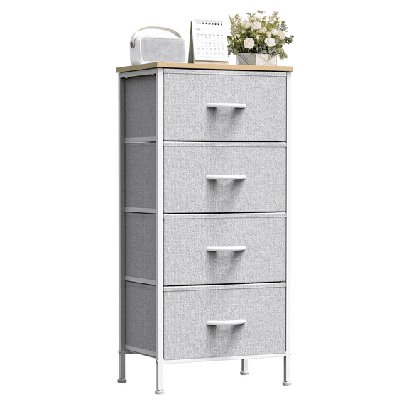 TrumanPick 4 Drawer Dresser for Bedroom, Tall Fabric Chest of Drawers with Wood Top, Fabric Storage Tower Nightstand for Bedroom Nursery Closet, Metal Organizer Unit for Living Room, Light Gray