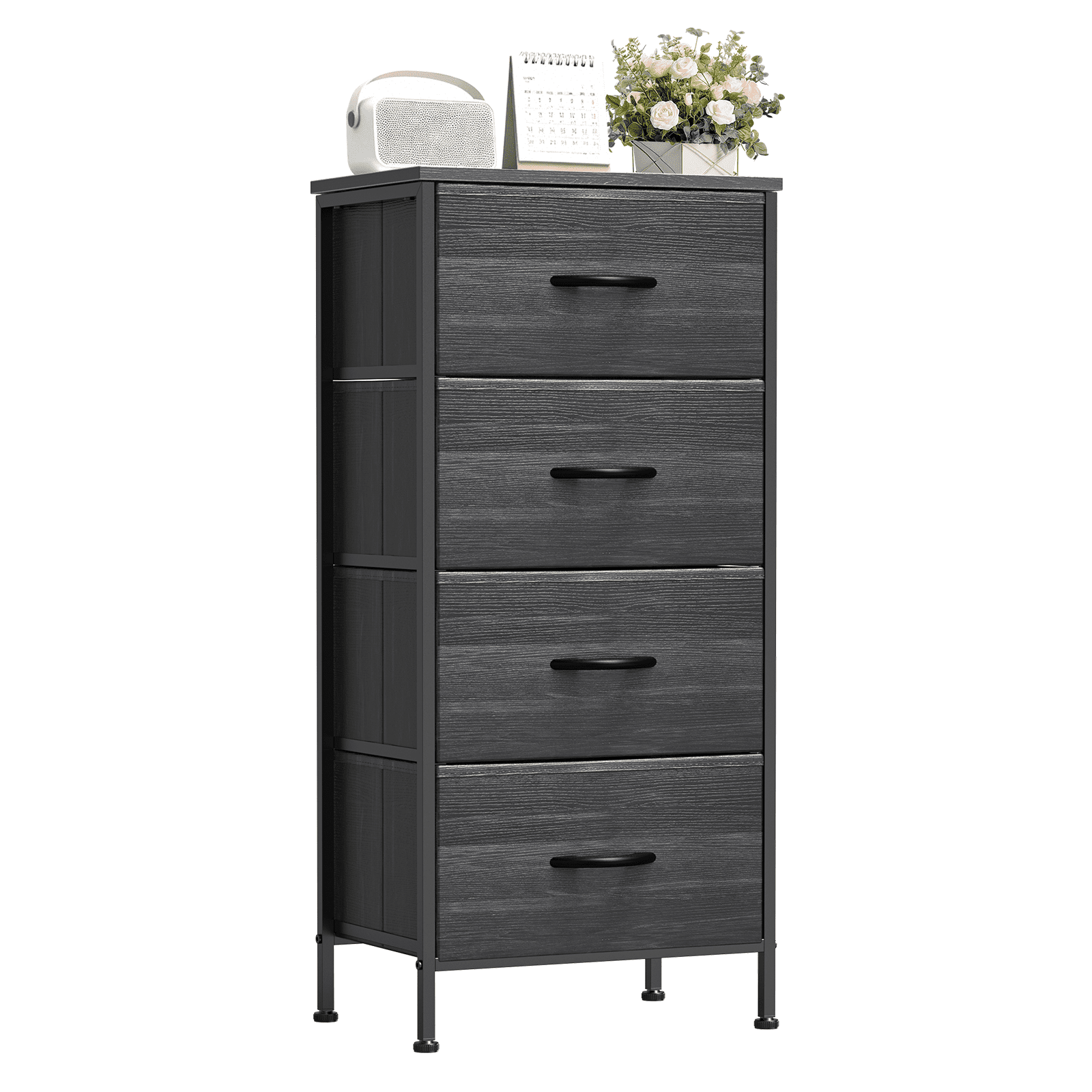TrumanPick 4 Drawer Dresser for Bedroom, Tall Fabric Chest of Drawers with Wood Top, Fabric Storage Tower Nightstand for Bedroom Nursery Closet, Metal Organizer Unit for Living Room, Black