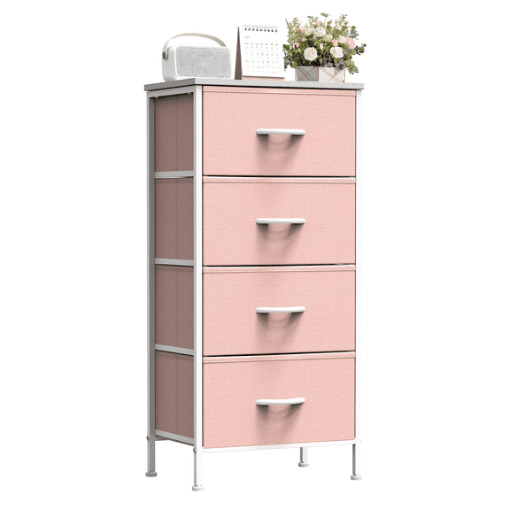 TrumanPick 4 Drawer Dresser for Bedroom, Tall Fabric Chest of Drawers with Wood Top, Fabric Storage Tower Nightstand for Bedroom Nursery Closet, Steel Frame Organizer Unit for Living Room, Pink