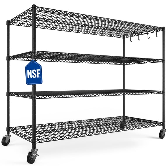 TrumanPick 4-Tier Heavy Duty Wire Shelving, 55.5"W x 24"D x 76"H Adjustable Garage Shelving Unit, Metal Storage Shelves with Wheels for Kitchen Pantry Warehouse, Black