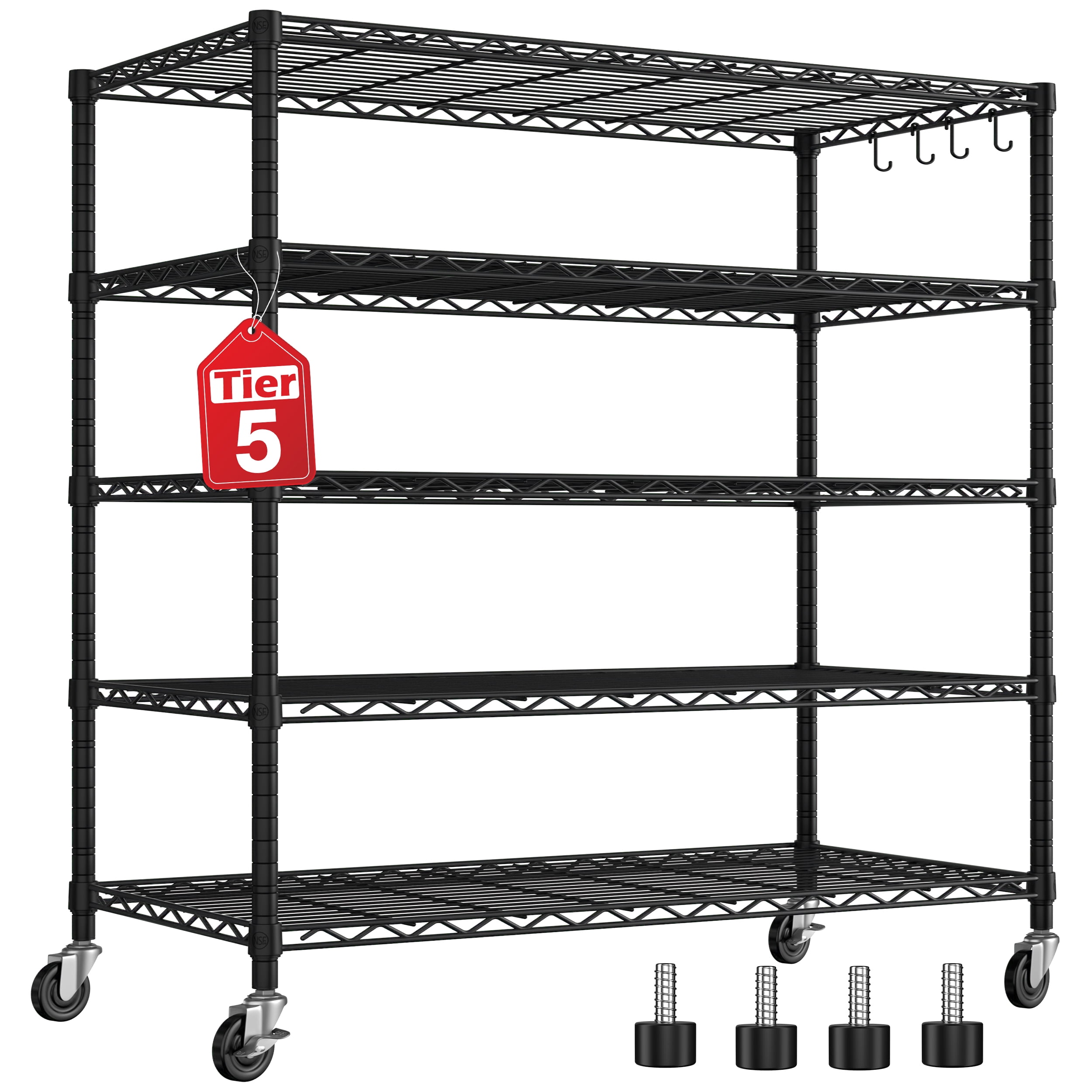 TrumanPick 48"W x 24"D x 76"H Wire Storage Shelves with Wheels 3000 LBS Capacity Heavy Duty NSF Certified Garage Shelving Unit, 5-Tier Adjustable Metal Shelf Utility Rack for Warehouse Pantry, Black