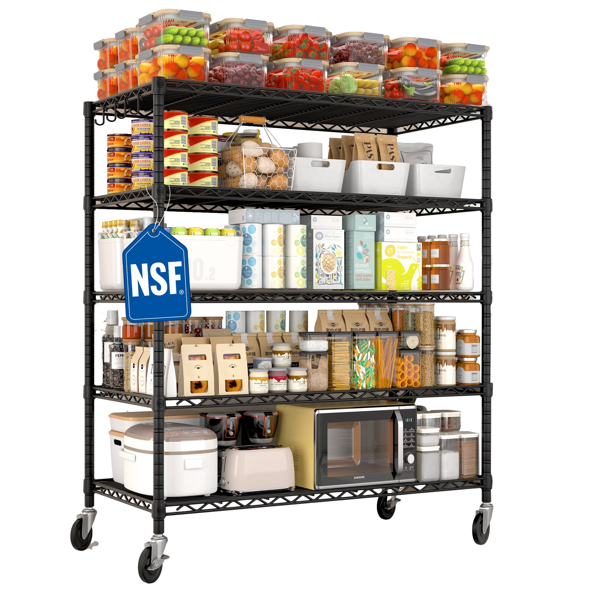 TrumanPick 5-Shelf Adjustable Heavy Duty Storage Shelves-48"W x 24"D x 76"H Metal Organizer, Garage Shelving with Wheel, Wire Shelf for Kitchen Pantry Warehouses Closets, Black